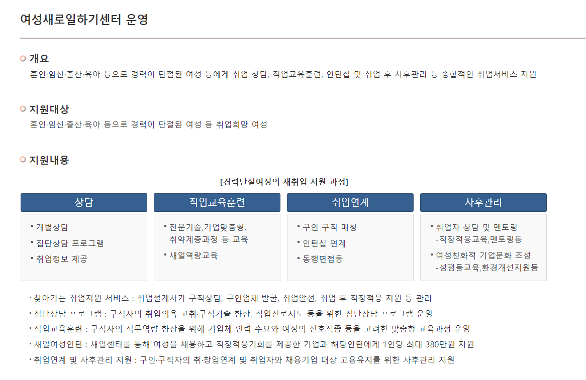 취업지원 취업준비생 경력단절 여성새로일하기 센터