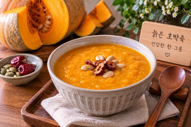 늙은 호박 본연의 자연스러운 단맛과 정성이 가득 들어간 따뜻한 늙은 호박죽 한 그릇