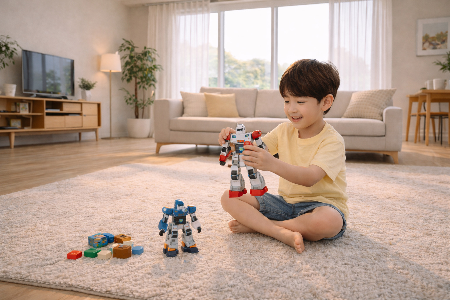 넓은 거실에서 7살 아이가 혼자 로봇 장난감을 가지고 집중하며 놀고 있는 모습