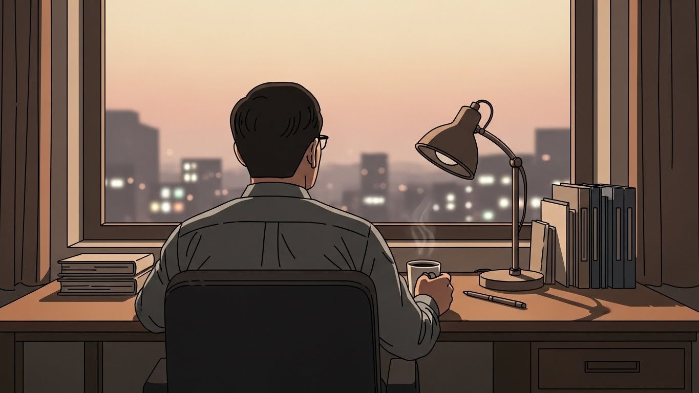 정돈된 책상과 함께 재취업 전의 사색적이고 여유로운 50대 남성의 뒷모습