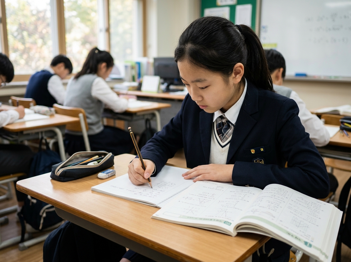 초중등 학생이 수학 노트를 펼치고 연필로 문제 푸는 모습