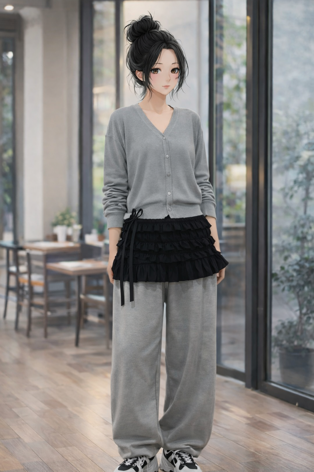 knit top with lace wrap layered pants outfit