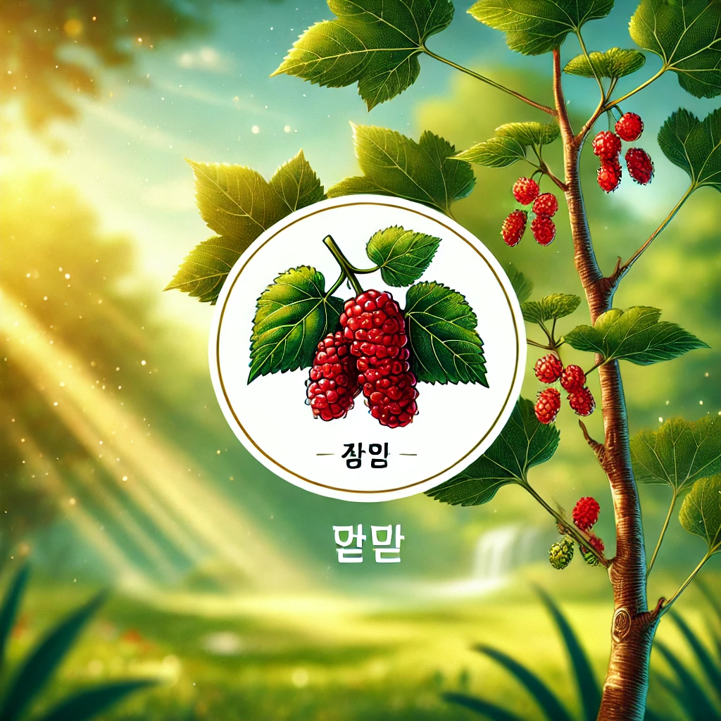 꾸지뽕나무가 빨간 열매를 맺고 있는 모습. 무성한 녹색 잎사귀로 둘러싸인 나무는 자연스럽고 평화로운 배경 속에 자리 잡고 있으며, 햇살이 따뜻하게 비추는 분위기를 연출합니다. 열매는 풍부하고 유혹적인 질감을 강조하며 건강과 웰빙을 상징합니다.
