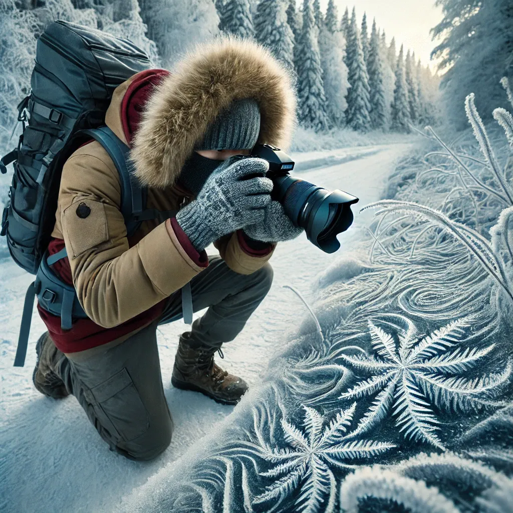 겨울 등산 도중 눈 덮인 길의 얼음 패턴을 사진으로 찍는 등산객. 따뜻한 등산복과 장갑, 배낭을 착용하고 있으며, 배경에는 서리가 낀 나무들이 보임.
