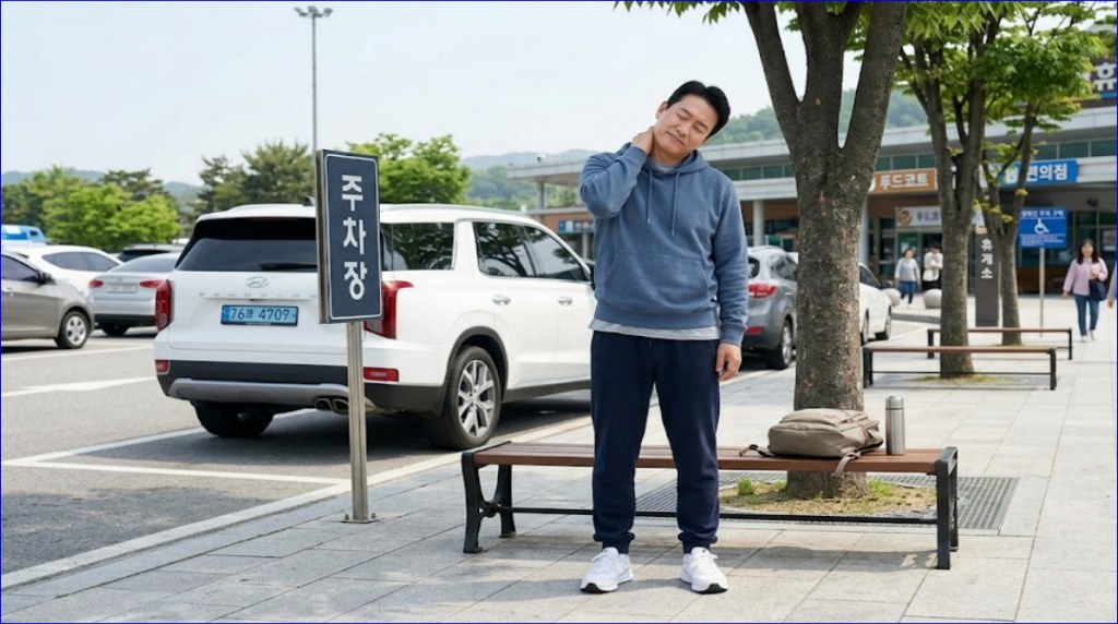 운전중 목 뻣뻣 주차장에서 목 운동 하는 모습