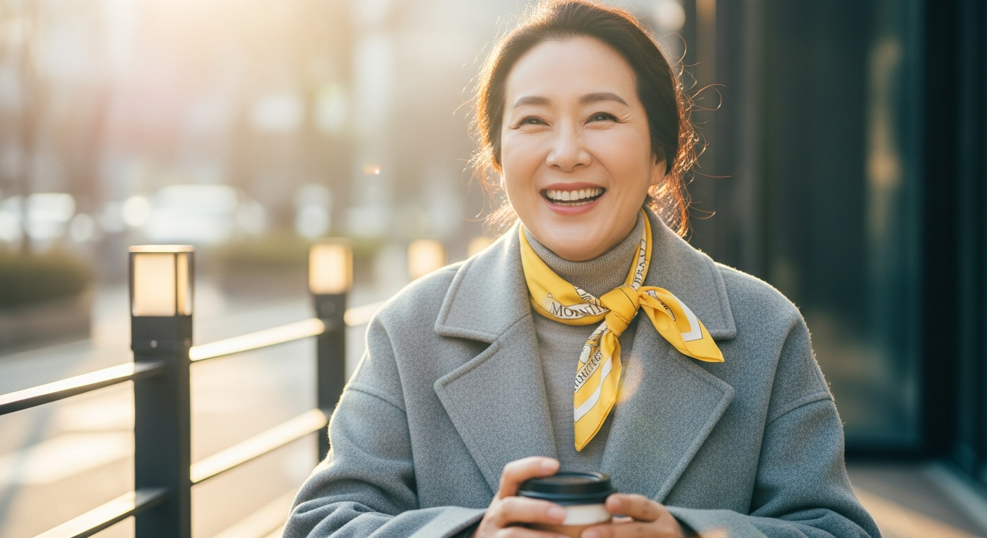 서울의 아침 햇살이 비치는 카페 테라스에 앉아 있는 중년 한국 여성. 회색 코트를 입었지만 목에는 부드러운 '모닝 옐로우' 실크 스카프를 매고 있음. 환하게 웃으며 커피잔을 들고 있음. 검은 머리, 자연스러운 룩. 활력과 생기.