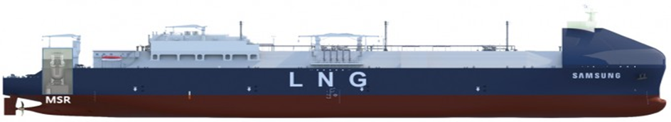 <삼성중공업이 한국원자력연구원과 협력해 설계한 MSR 탑재 LNG 운반선 조감도. 앞 부분에 MSR 1기가 장착되는 방식이다.>