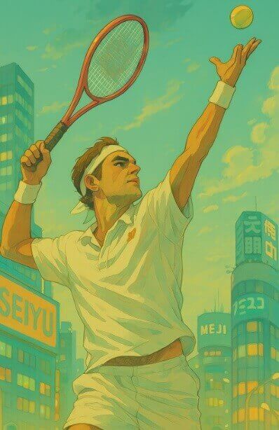 페더러가 서브하는 모습을 도시를 배경으로 그림