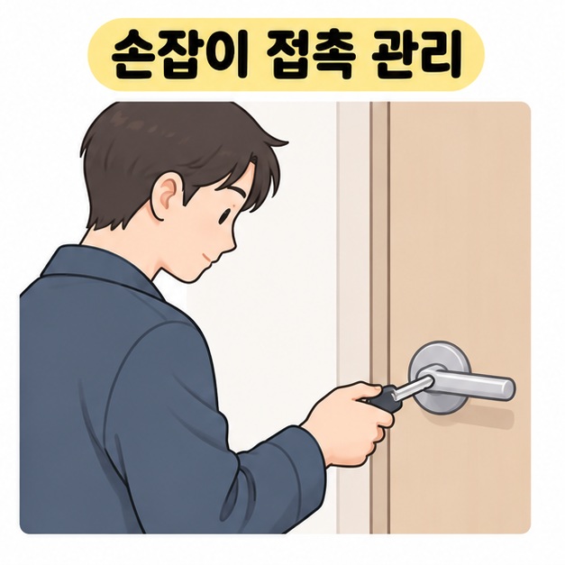 손잡이 접촉 관리 제목 아래 금속 문손잡이에 열쇠를 대고 있는 남성