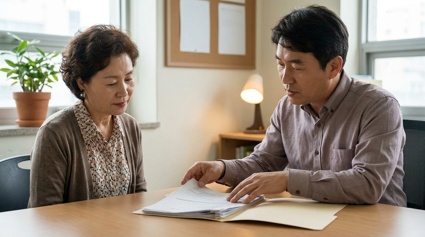 연금 상담 창구에서 대화하는 여성