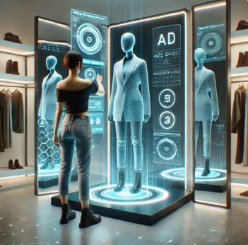 가상 피팅 기술과 뇌과학을 활용한 패션 산업의 미래를 시각적으로 표현한 이미지