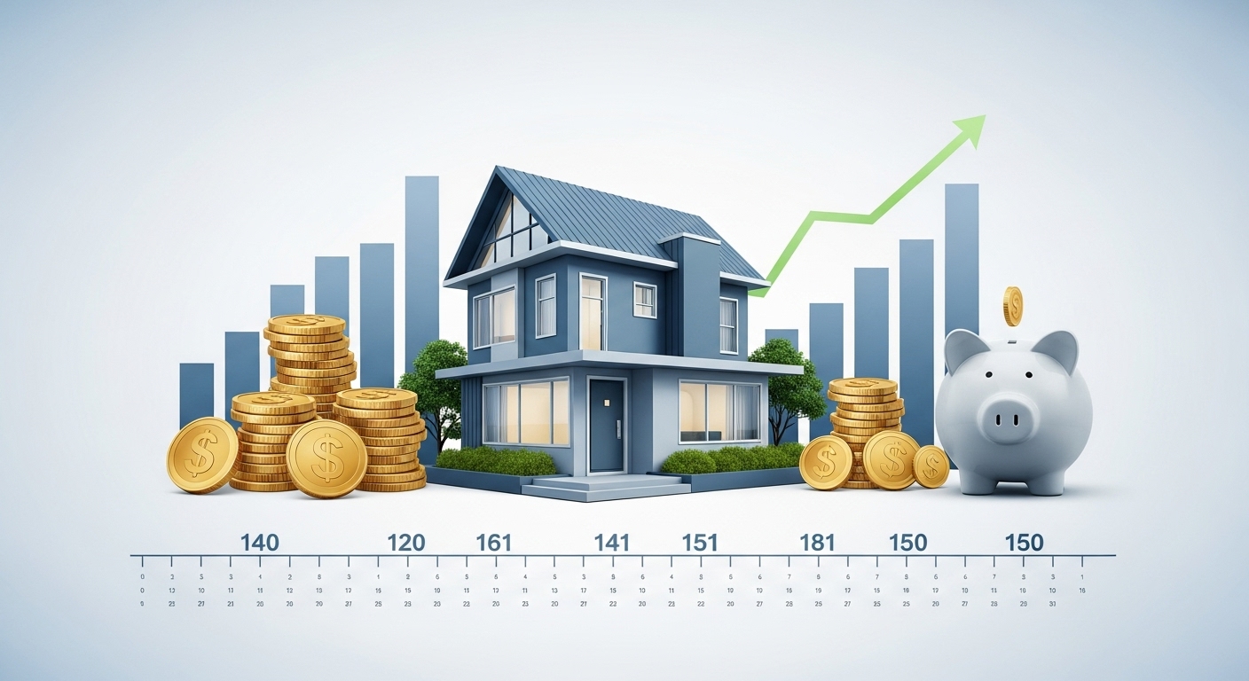 저금통과 동전, 성장하는 그래프로 표현된 주택 구매 자금 마련 계획.