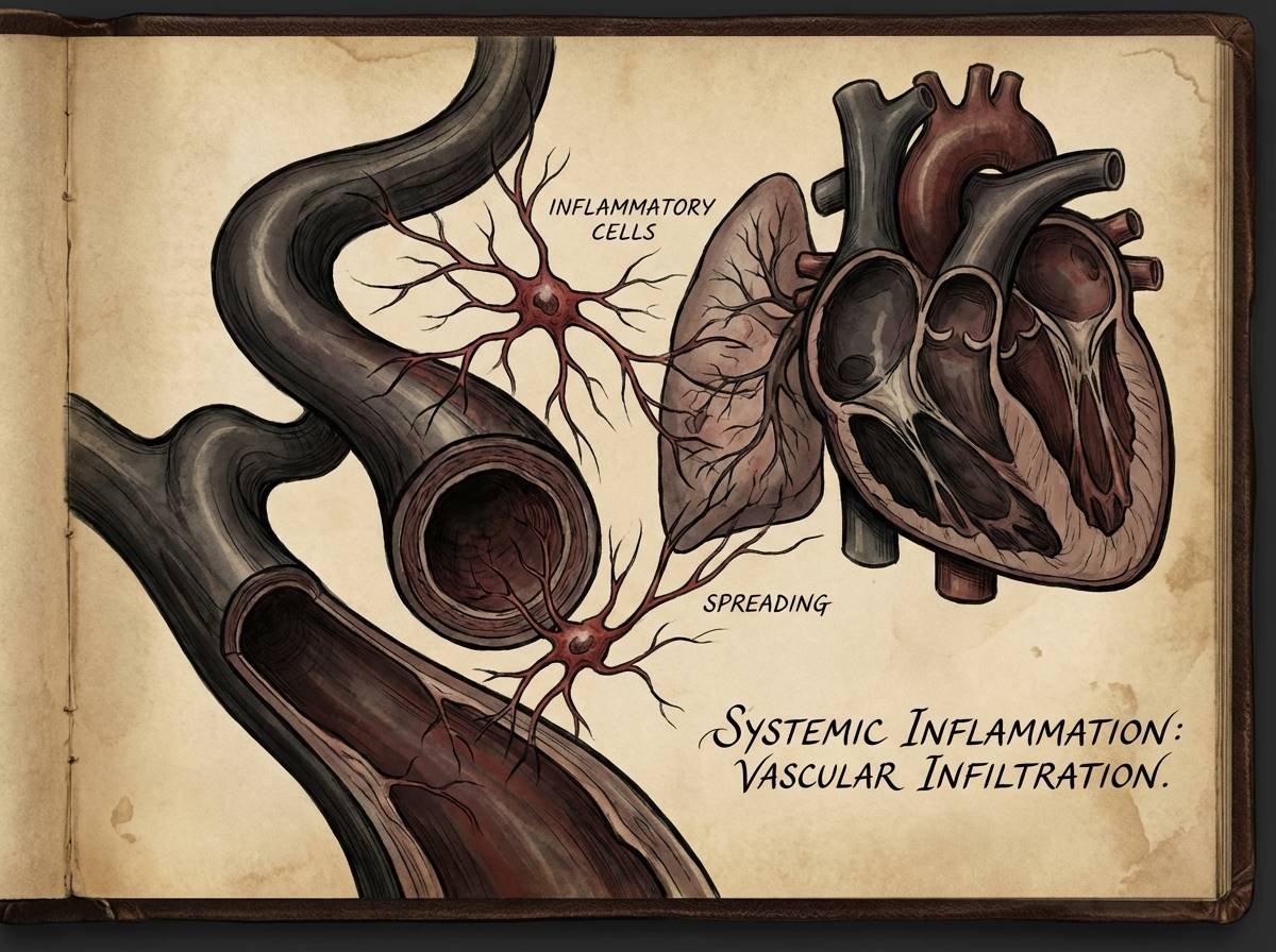 혈관 속에서 염증 세포들이 붉게 번지며 주변 장기를 공격하는 모습을 형상화한 다크하고 세련된 메디컬 일러스트