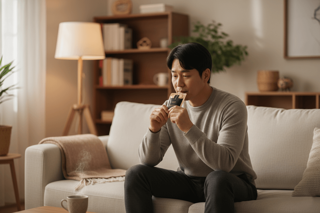 집에서 한국인 중장년 남성이 액상 파우치 음료를 한 손에 들고 천천히 마시는 장면, 자연스러운 시선 처리와 편안한 실내 분위기.