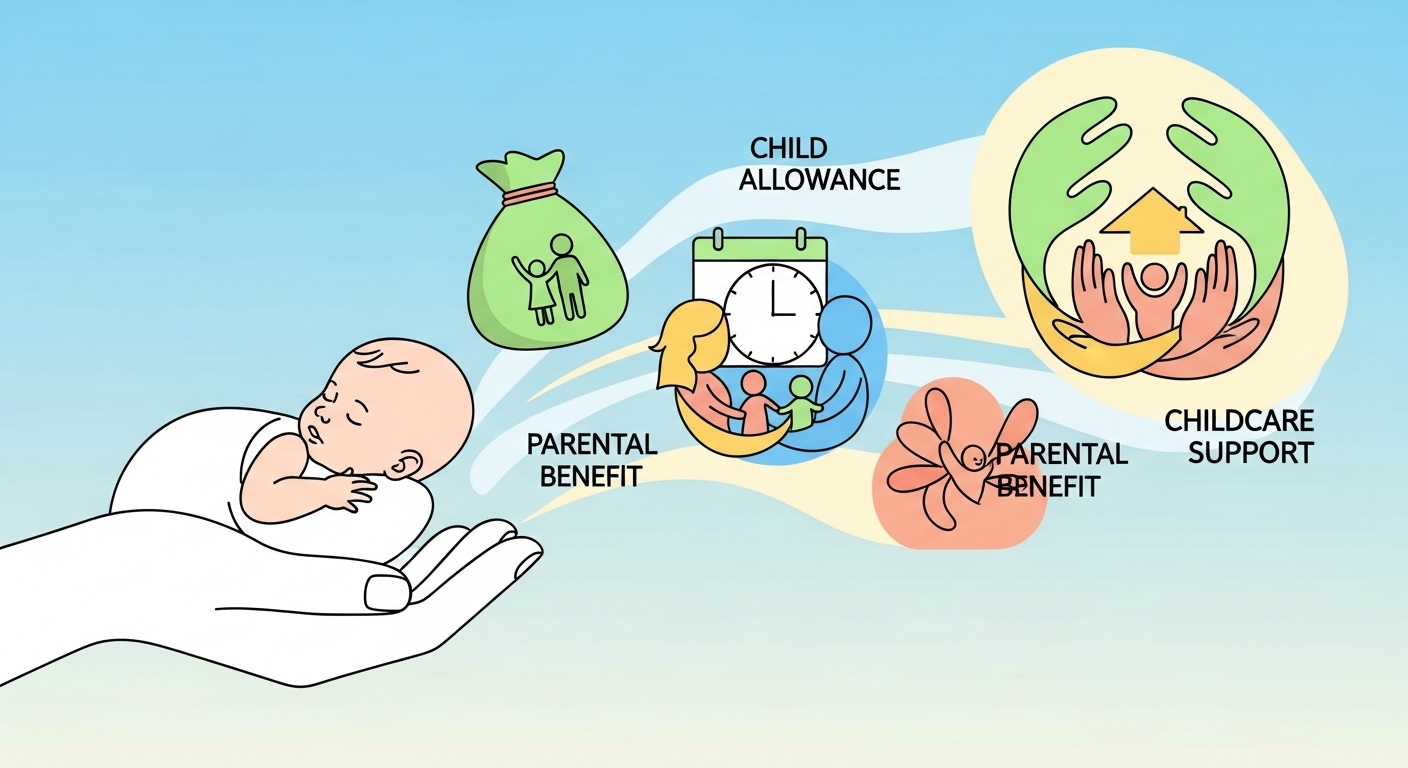 정부의 다양한 육아 지원금 혜택을 상징하는 손과 아기 그림