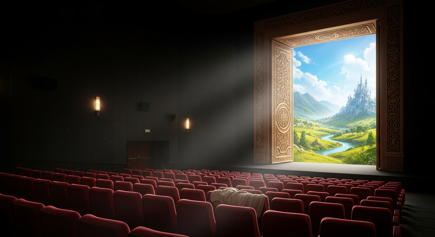 어두운 극장 스크린이 사실은 바깥의 새로운 풍경으로 향하는 '문(Door)'이 되어 빛이 쏟아져 들어오는 이미지