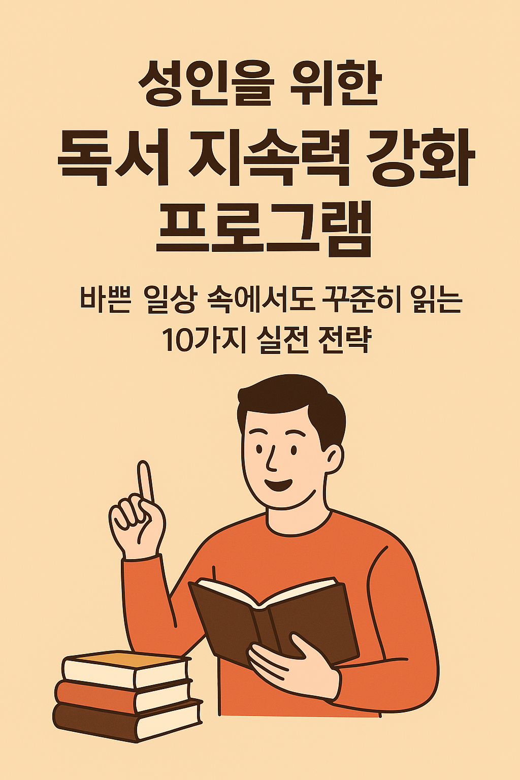 제목: 성인을 위한 독서 지속력 강화 프로그램 바쁜 일상 속에서도 꾸준히 읽는 10가지 실전 전략이 쓰여 있고, 아래에 한 남성이 한 손에 책을 들고 한 손은 검지를 들고 1을 나타내고 있다.