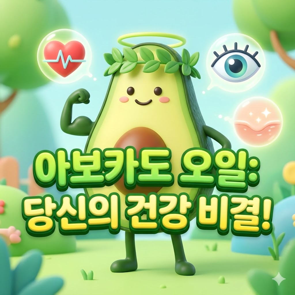 웃는 아보카도 캐릭터가 하트, 빛나는 눈, 매끈한 피부와 같은 건강 효능 상징에 둘러싸여 힘찬 포즈를 취하고 있는 3D 카툰 일러스트.