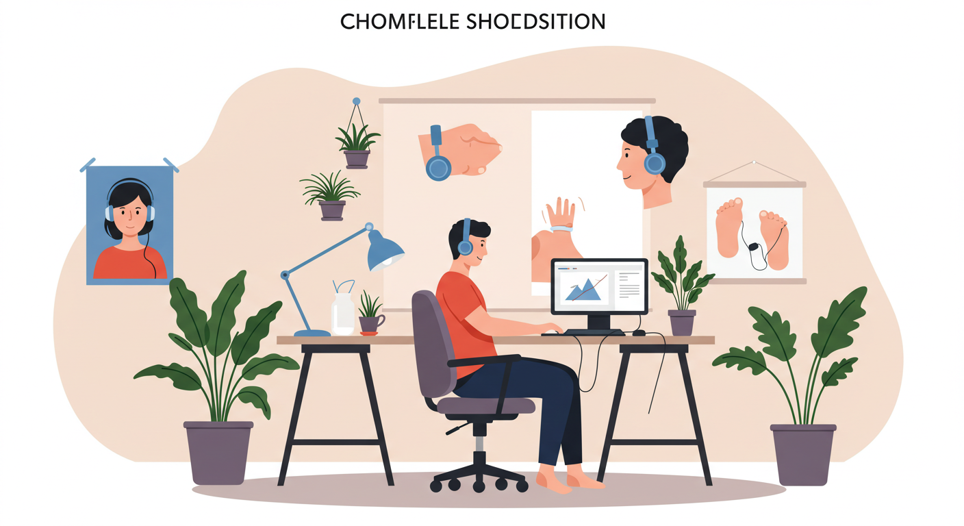 올바른 청취 자세와 환경을 보여주는 일러스트