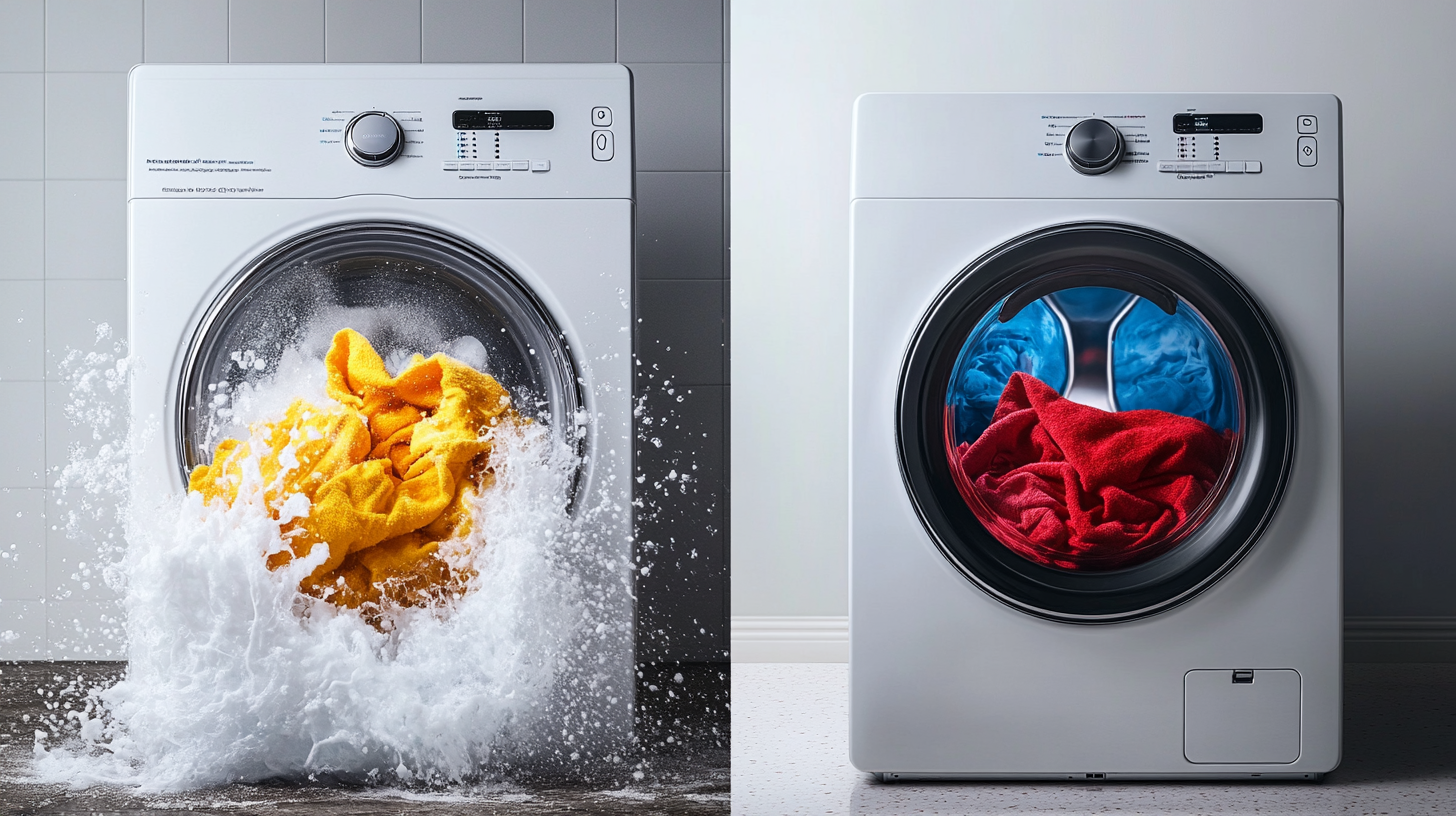 삼성 WD25DB8695BC 세탁기의 세탁 전후 결과를 나란히 비교하며 세탁 성능의 우수성을 강조하는 이미지.