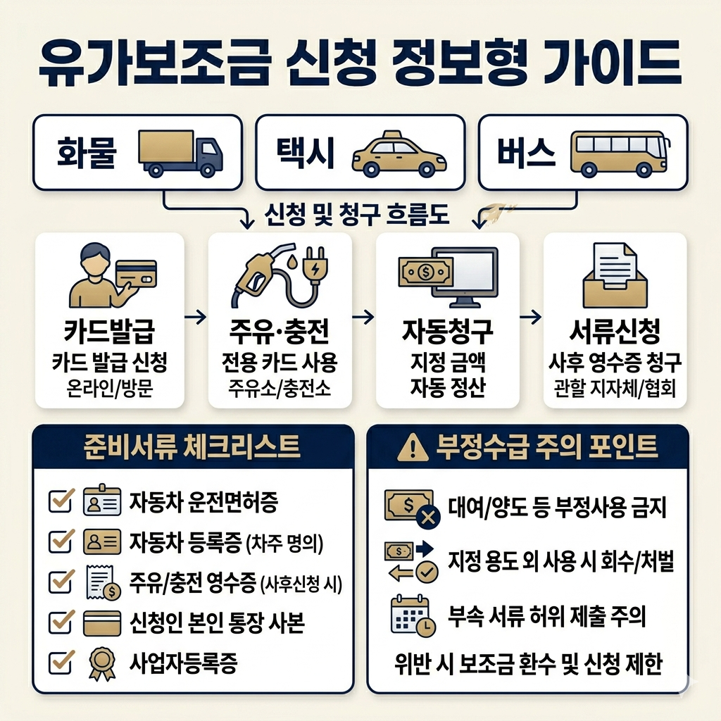 유가보조금 신청 방법｜화물&middot;택시&middot;버스별 공식 신청 경로와 서류 인포그래픽