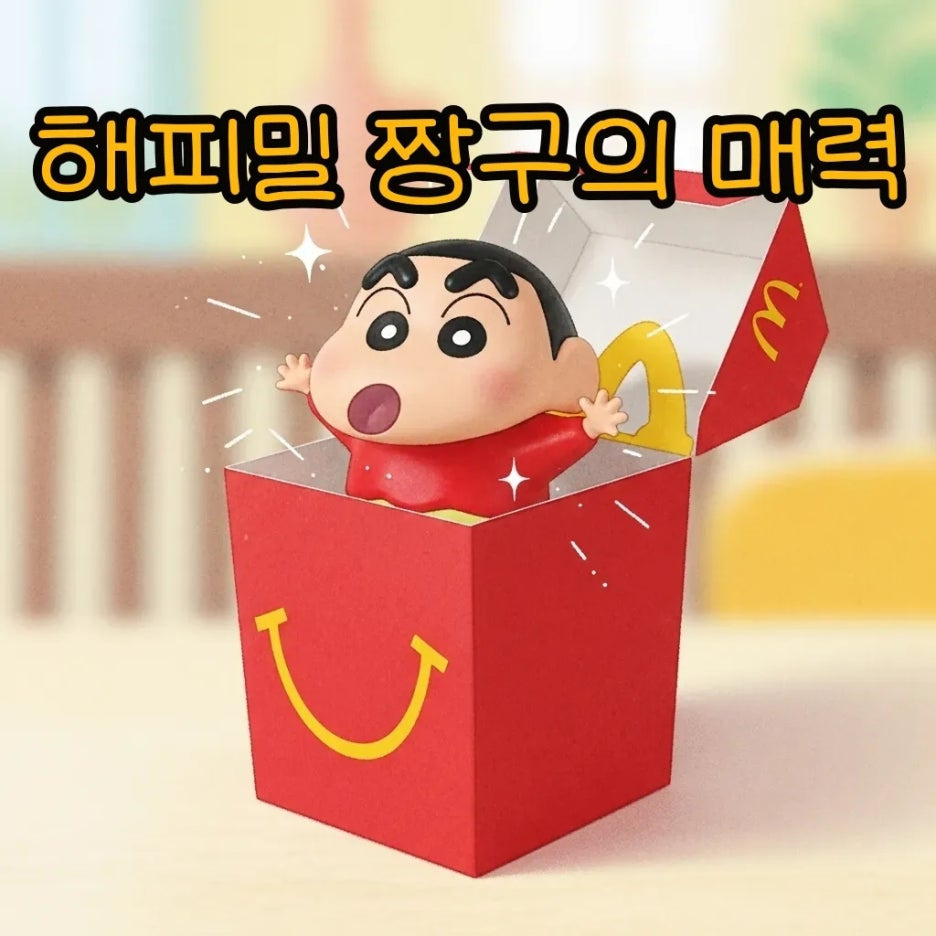 해피밀 상자에서 튀어나오는 귀여운 짱구 장난감.