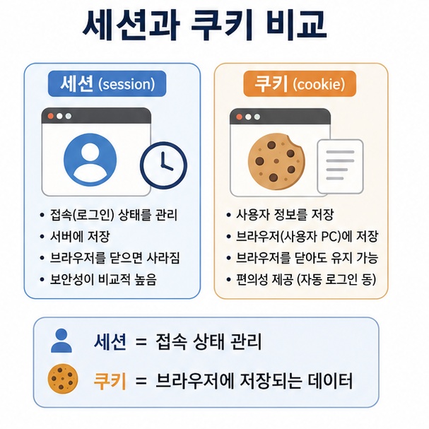 인터넷에서 세션은 접속 상태를 관리하고 쿠키는 브라우저에 데이터를 저장한다는 차이를 비교한 이미지