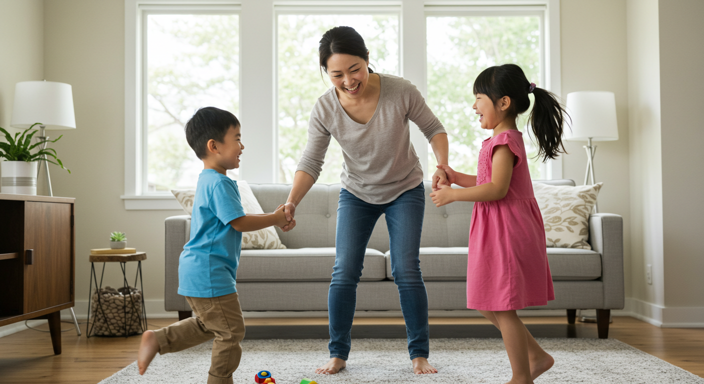 거실에서 아이들과 놀아주는 여성