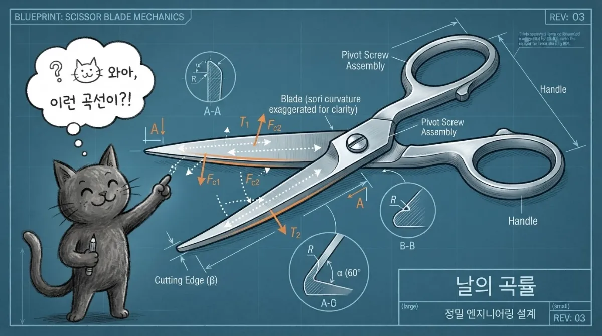 가위 날의 미세한 안쪽 곡률과 비틀림을 청사진 도면과 점선 화살표로 설명하는 기술 도식 일러스트