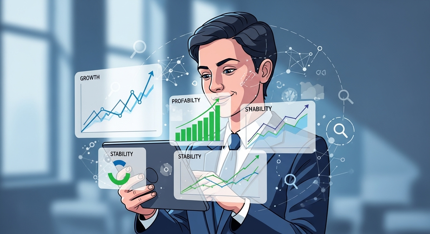 한 사람이 태블릿으로 기업의 수익성, 안정성, 성장성을 나타내는 그래프와 지표들을 분석하며 자신감 있는 표정을 짓고 있는 모습. 핵심 지표를 통한 기업 분석의 중요성을 나타냅니다.