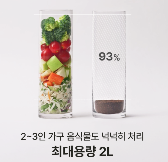 미닉스 더 플렌더 PRO 음식물 처리 전과 건조 분쇄 후 비교