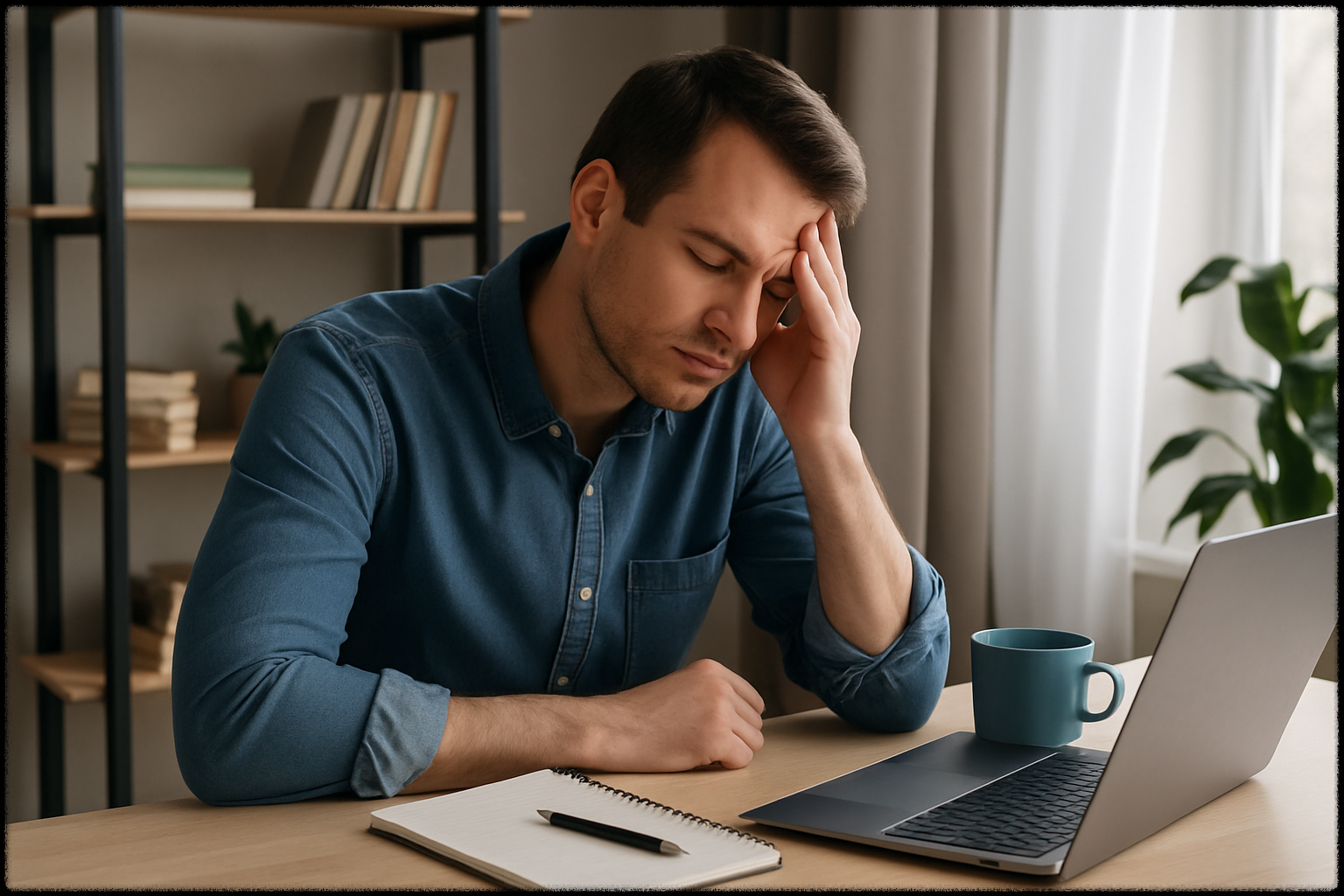 노트북 앞에서 고민하는 남성의 이미지