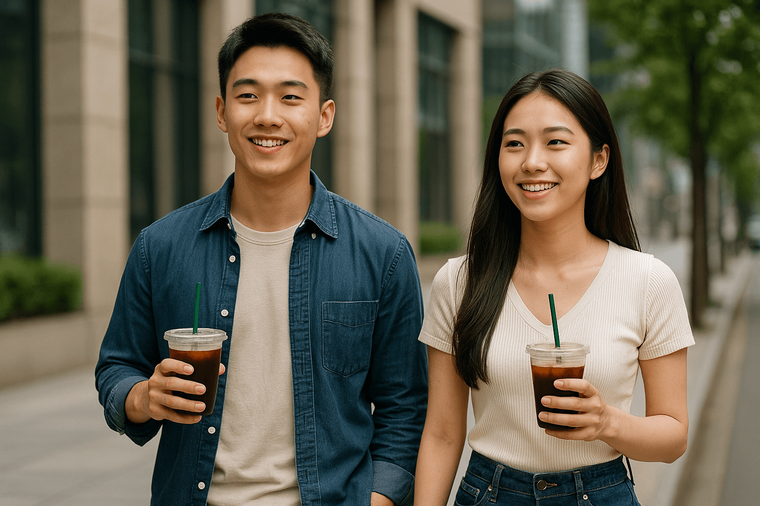 디카페인 커피를 들고 도시 거리를 걷는 청년 남녀의 밝고 자연스러운 모습으로, 건강을 위해 디카페인 커피를 선택하는 일상의 분위기를 보여주는 장면