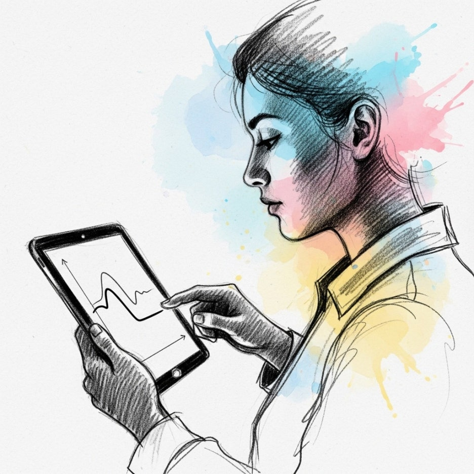 그래프를 유심히 살피는 사람의 수채화 실루엣