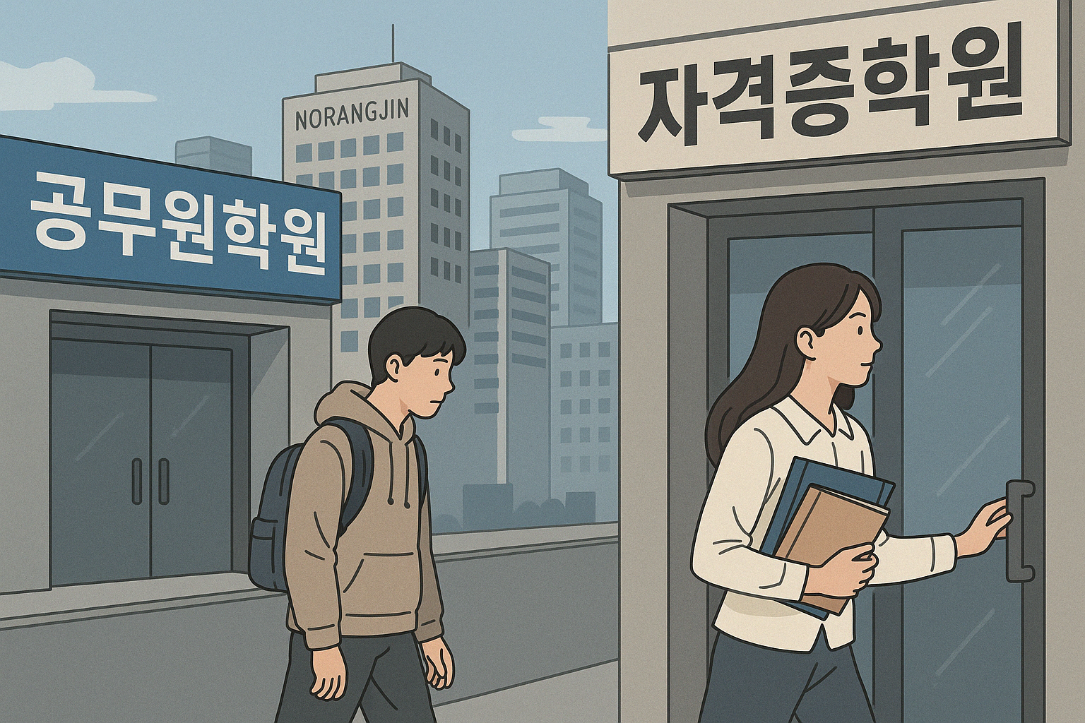 노량진-거리-공무원학원-지나는-청년과-자격증학원-들어가는-중장년-대비되는-장면