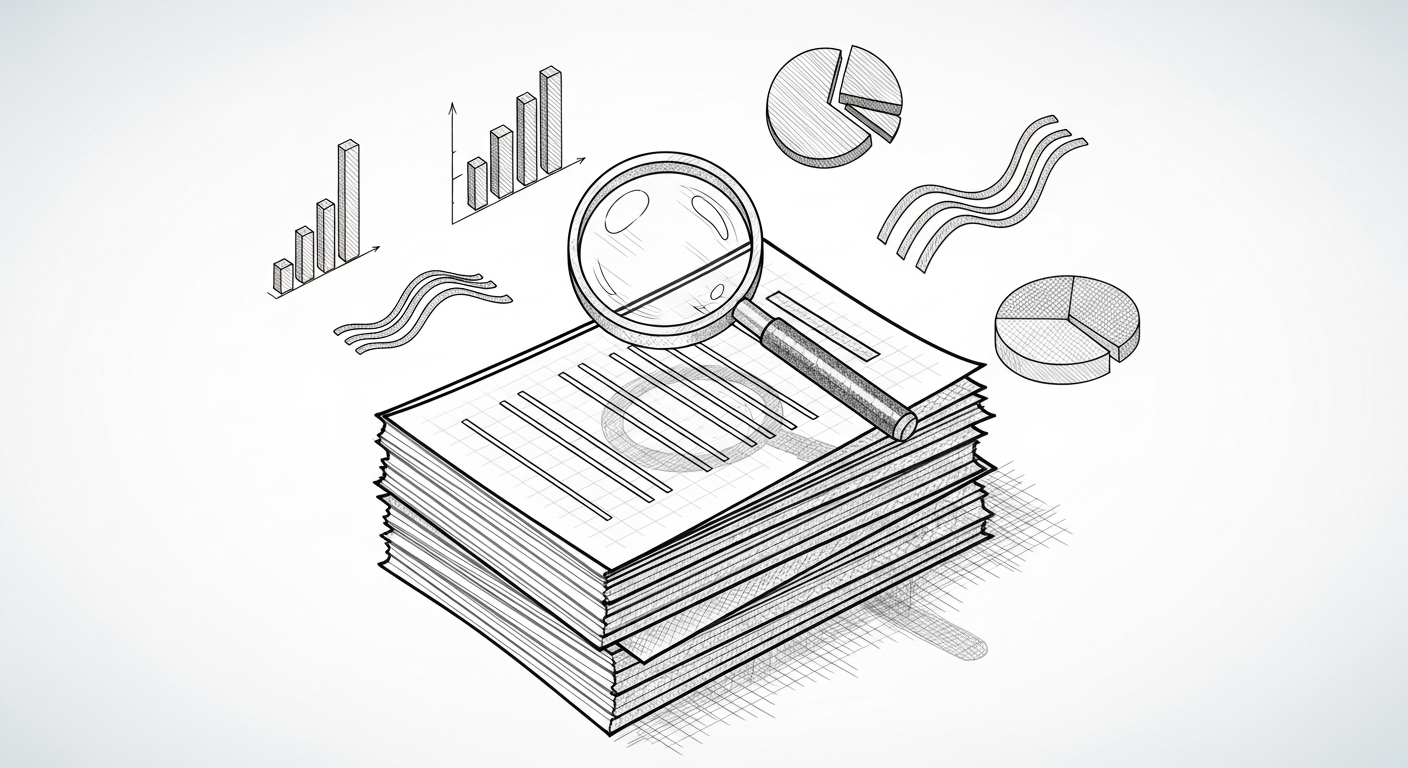 체계적인 자료 요청을 의미하는 서류와 돋보기 아이콘