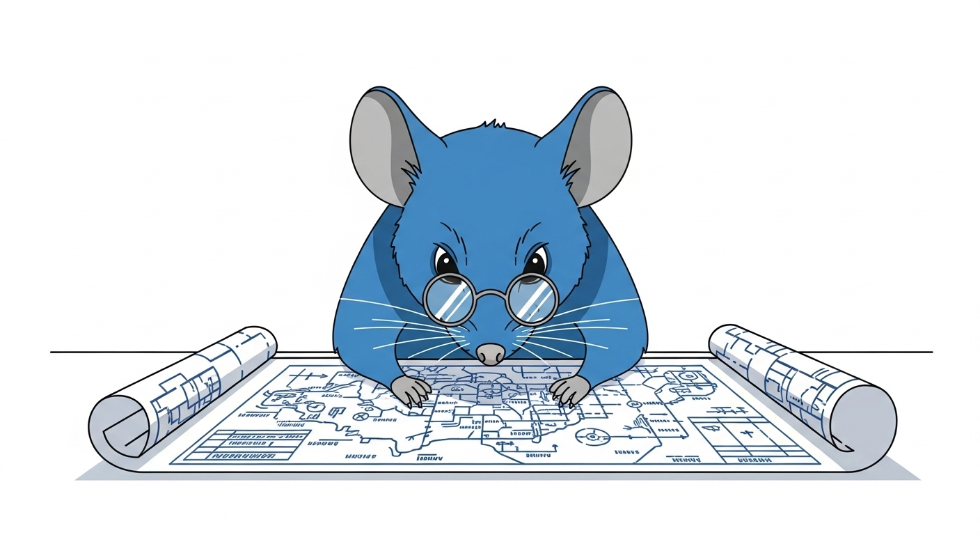 안경을 쓰고 복잡한 지도나 청사진을 분석하며 지적인 리더십을 발휘하는 쥐 캐릭터 벡터 일러스트