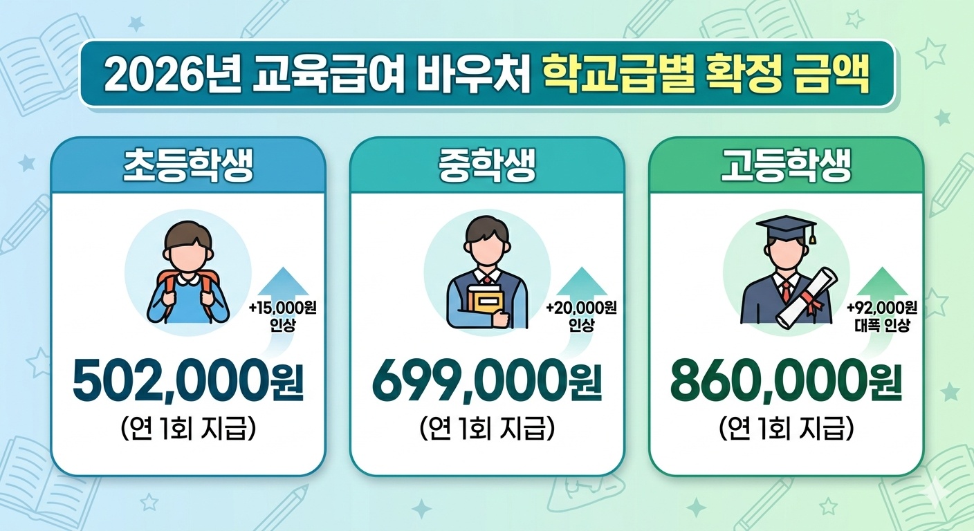 교육급여 바우처 지원 금액 안내, 초등학생 461,000원, 중학생 654,000원, 고등학생 727,000원 상세표