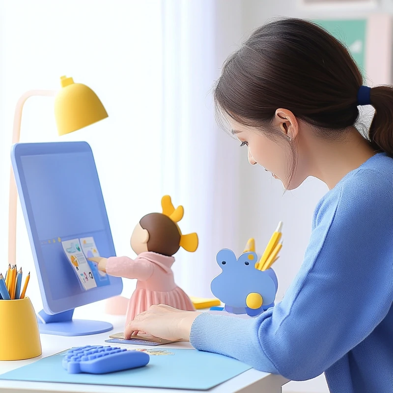 워킹맘이 자녀를 돌보며 집에서 연금 ETF 포트폴리오를 계획하는 장면으로, 연금 ETF 투자, 자산 배분, 엄마 재테크, 재정 관리, 가족 재무 설계가 잘 어우러져 집중적인 감성이 느껴짐