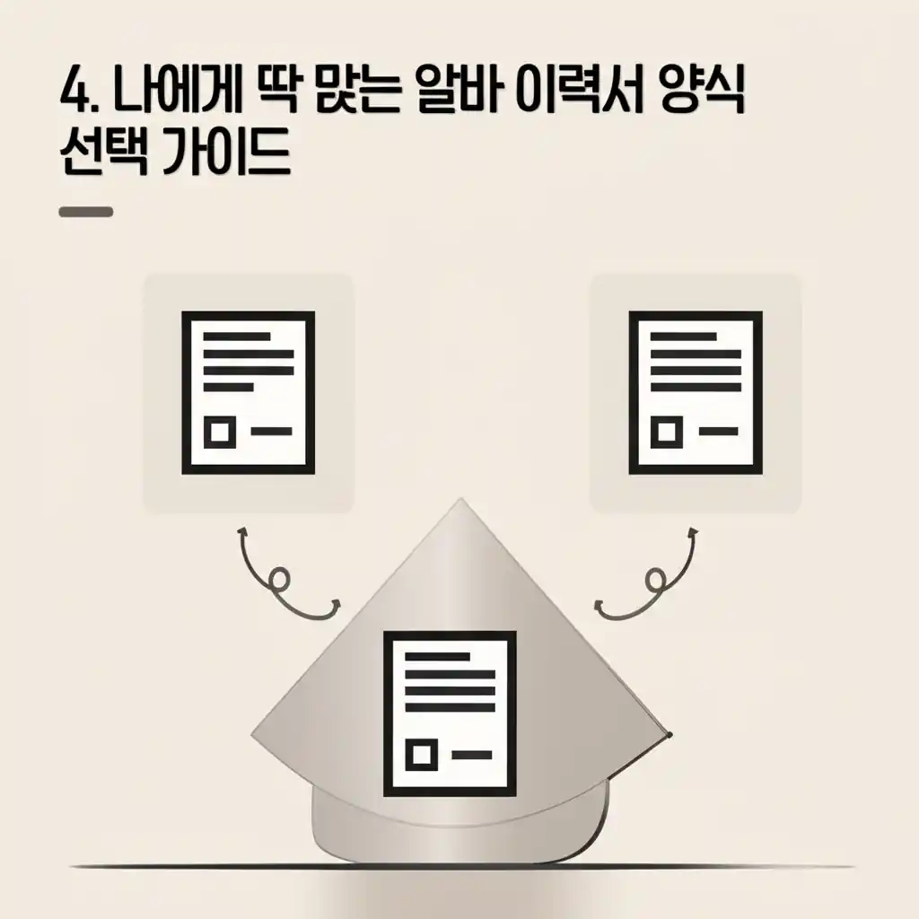 나에게 딱 맞는 알바 이력서 양식을 고르는 방법을 시각적으로 보여주며, 무료 다운로드 팁을 제공합니다.