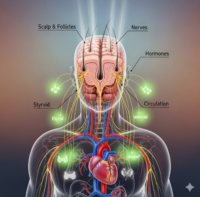 두피와 신체 전반의 연결성을 상징하는 그래픽. 사람의 머리 부분에 있는 모낭과 두피가 몸의 신경, 호르몬, 혈액 순환 등과 서로 연결되어 있음을 시각적으로 보여준다.