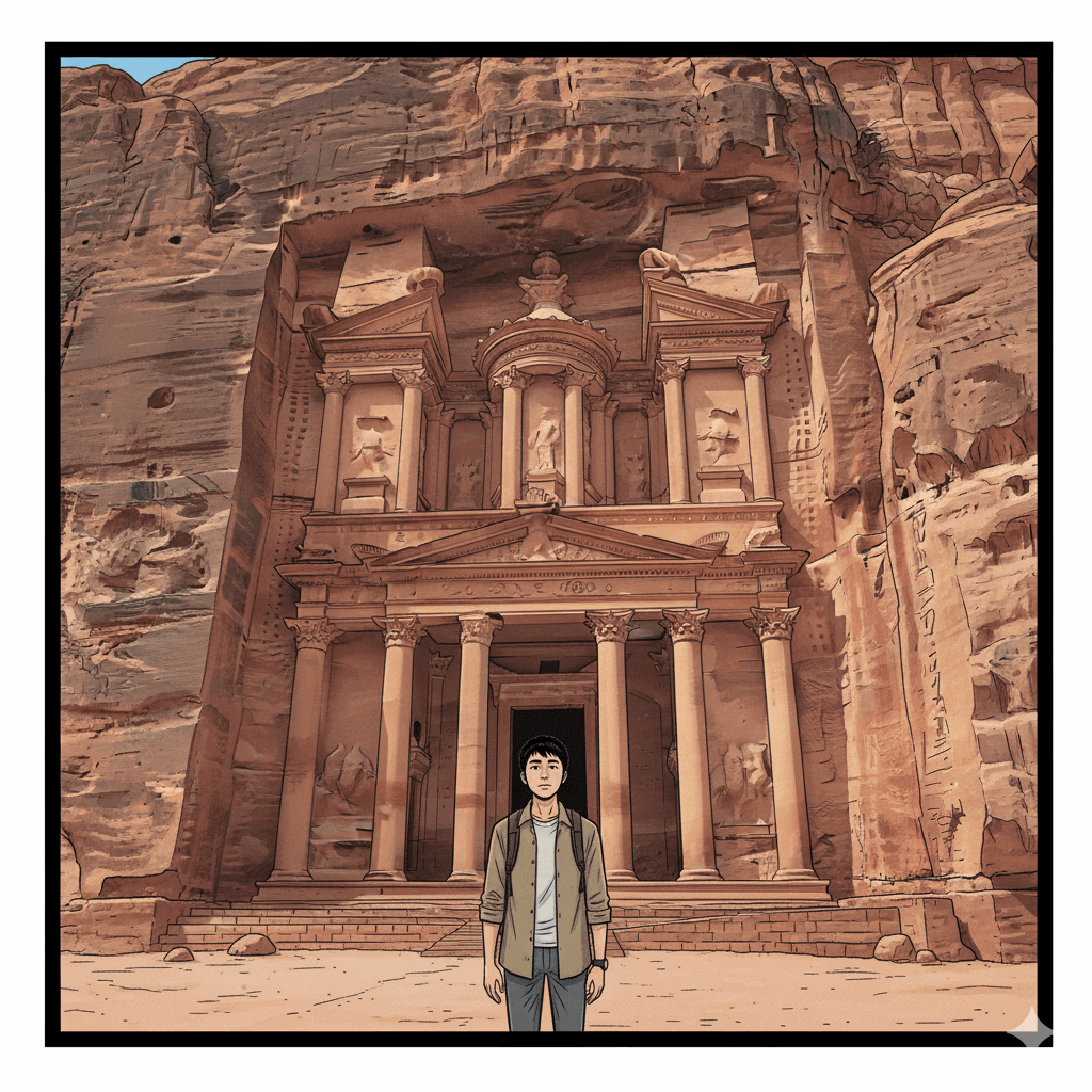 요르단 패트라 만화 이미지, 남자, 배낭, 유적지