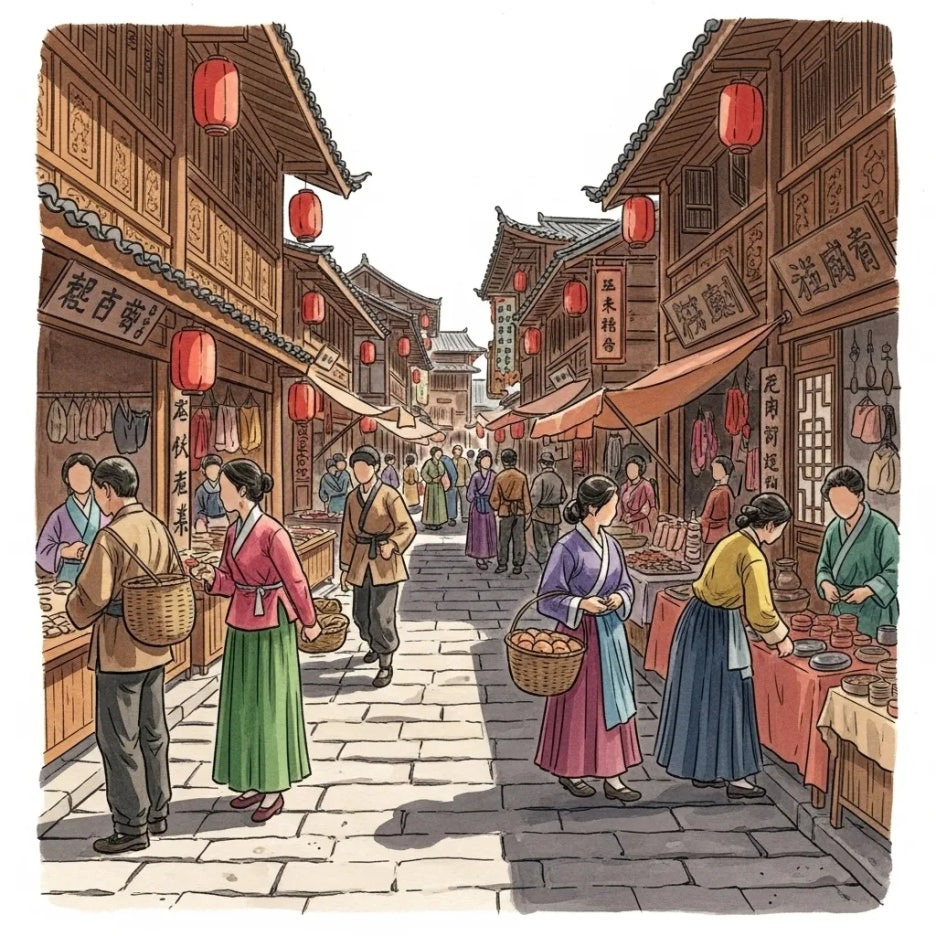 오리 석판가를 따라 걷는 사람들과 전통 상점