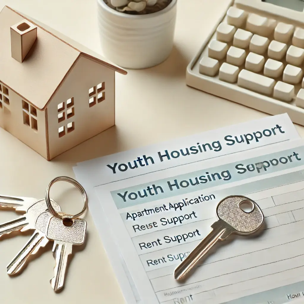 하얀 배경 위에 청년 주거 지원 신청서, 임대 지원 서류, 미니어처 주택 모형이 정리된 전문 스튜디오 촬영 사진