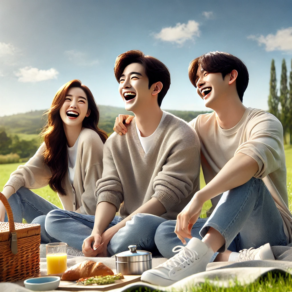 푸른 잔디밭에서 피크닉을 하며 웃고 있는 가족