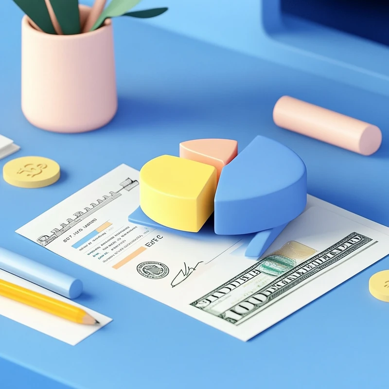 연금계좌 서류와 달러 지폐, 장기 ETF 성장 예측 파이차트를 활용한 미국ETF 투자 분산 전략. 연금 ETF, 자산 성장, 장기 투자, ETF 분산, 재무 관리 요소가 명확히 드러남