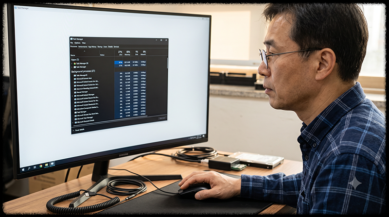 윈도우 작업 관리자에서 WMI Provider Host의 높은 CPU 점유율을 확인하는 모습