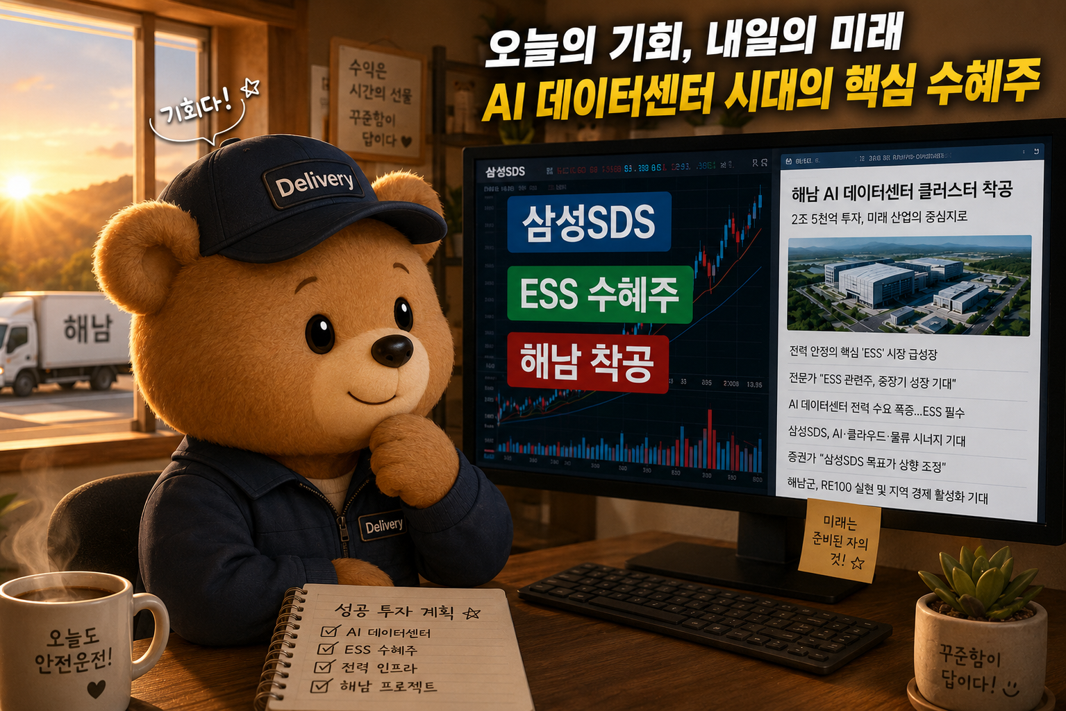 퇴근 후 집에서 삼성SDS&middot;ESS 수혜주 차트를 분석하는 40대 택배기사. AI 데이터센터 관련주 주식 공부 중인 곰따리 블로그 운영자의 일상