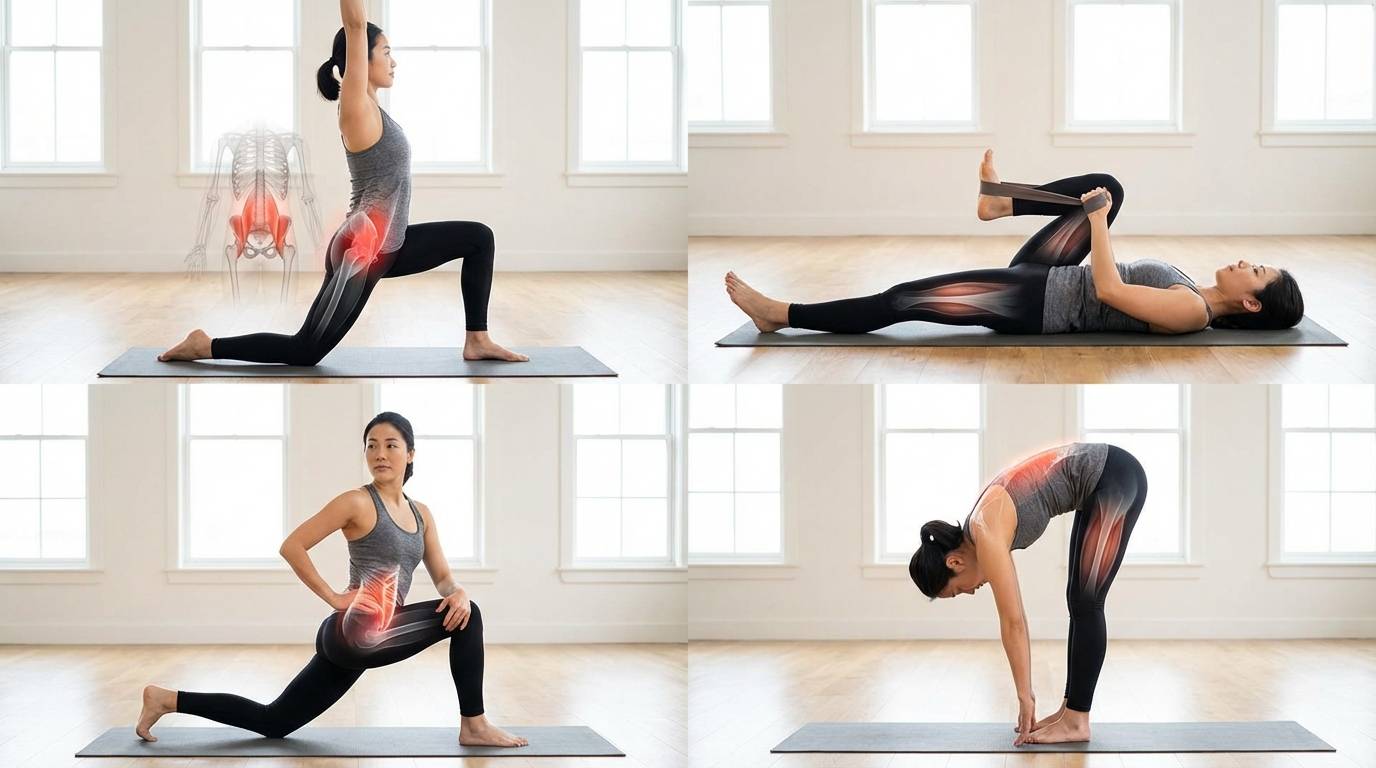 장시간 착석으로 짧아진 장요근과 햄스트링을 효과적으로 이완하여 골반의 중립 정렬을 회복하는 이미지