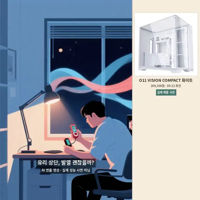 O11 Vision Compact 유리 상단 발열과 측면&middot;하단 흡기 흐름 AI 연출 영상